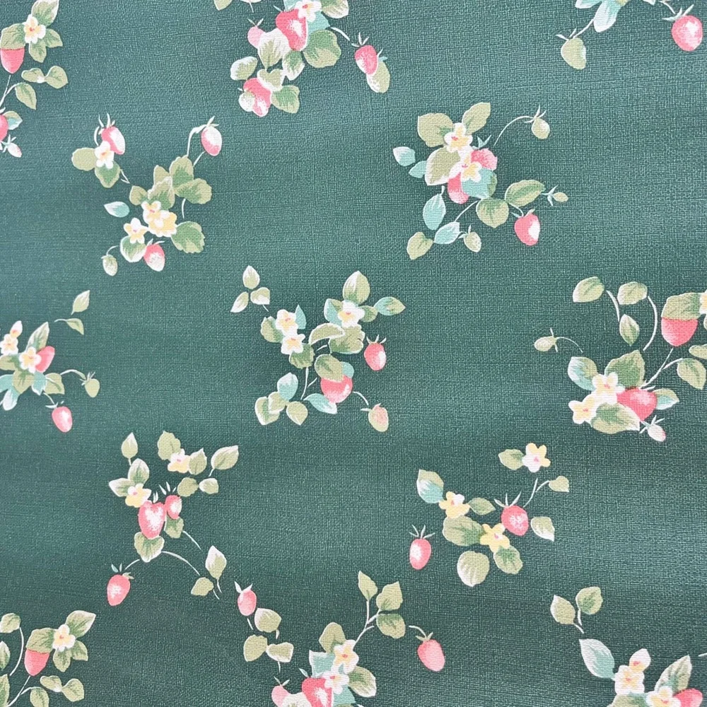 Vintage Sanitas Strawberry Floral Wallpaper Green Fabric Backed Vinyl 2 Rolls
